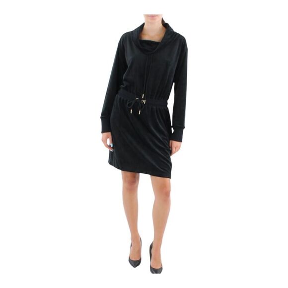 Calvin Klein Black Velour Cowl Neck Sweater Sweatshirt Mini Dress, M - Picture 1 of 11